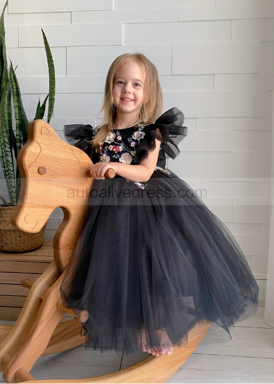 Black 3D Floral Lace Tulle Flower Girl Dress With Bow Black 3D Floral Lace Tulle Flower Girl Dress With Bow